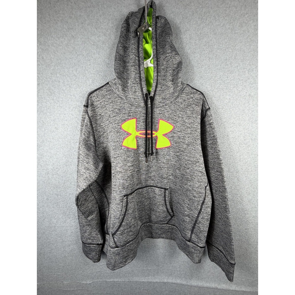 Under Armour Hoodie Youth Medium Gray Pullover Kangaroo Pocket Logo Neon